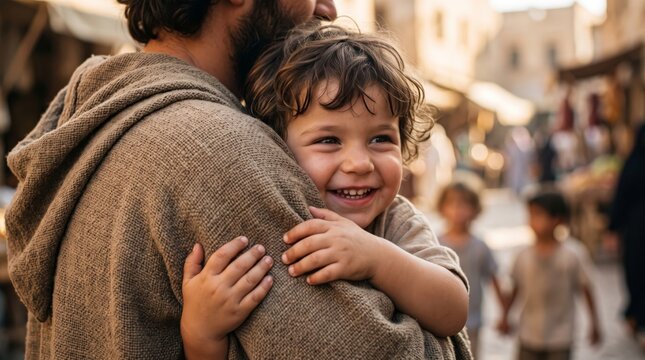 Jesus Christ holding a smiling child in an ancient village street. Biblical scene of compassion and welcome. Christianity, faith and religious devotion. Parent and child bond, care