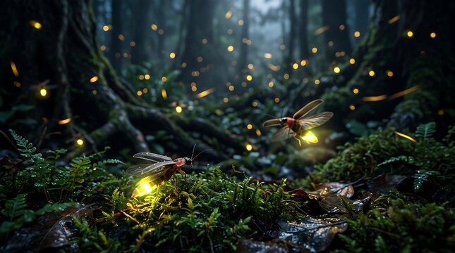 Glowing fireflies flying in a dark forest at night