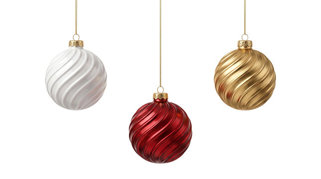 Three spiral ribbed Christmas baubles in white, red and gold hanging at staggered heights on thin gold string, textured swirl ornaments isolated on white