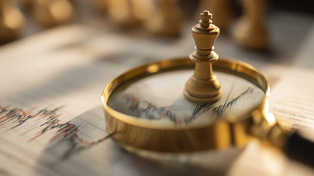 A chess king inside a magnifying glass over financial charts represents market research and strategic investment decision making.
