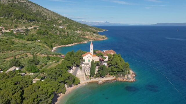 Beautiful aerial view of the Dominican Monastery peninsula in Bol on the island of Brac, Croatia