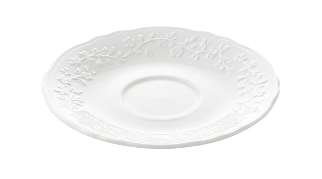 Porcelain saucer, photorealistic elegant white ceramic saucer with delicate embossed floral pattern, glossy glaze and softly scalloped refined edge; top three-quarter view, razor-sharp focus,