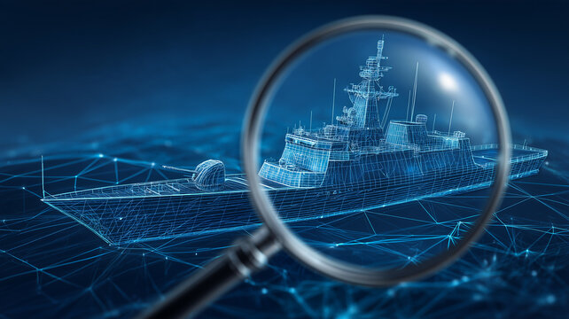A magnifying glass examining a digital wireframe warship illustrates naval technology assessment and maritime defense research.

