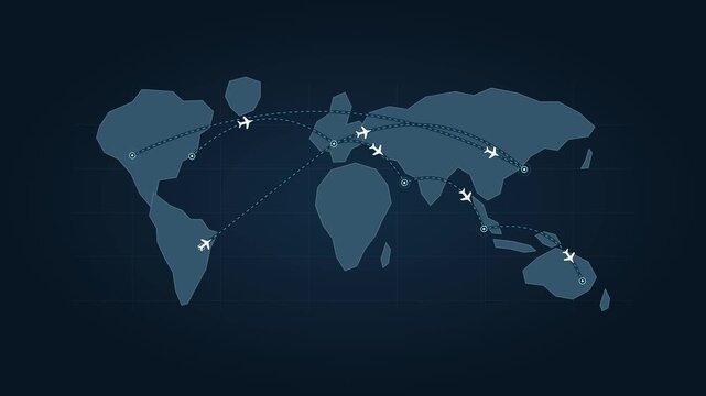 Modern flat vector world map with continuous animated aircraft travelling along curved dashed intercontinental routes. 