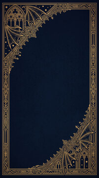 Elegant gothic frame featuring intricate gold filigree with bat wings and architectural arches on a dark navy background for luxury invitations or mystical fantasy book covers