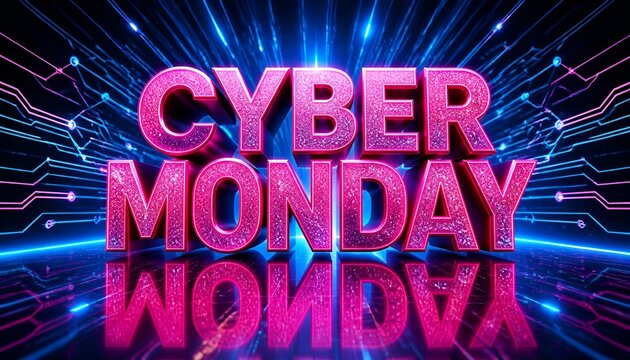 Cyber monday text with pink glitter texture on a dark background with blue glowing light rays and reflections