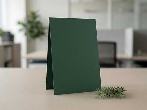 Blank green paper tent card standing on wooden office table