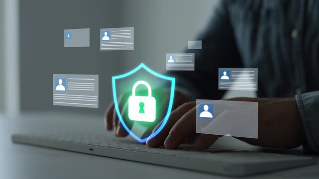 Digital employee information security concept with HR documents, confidential data, secure database access, document management systems, and enterprise technology.	
