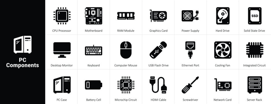 Computer hardware and PC components solid glyph icon set featuring motherboard CPU graphics card SSD power supply cooling fan RAM and server rack concepts