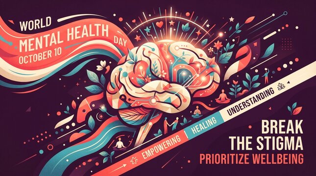 World Mental Health Day banner, artistic brain illustration for October 10, break the stigma and prioritize wellbeing, vibrant awareness poster