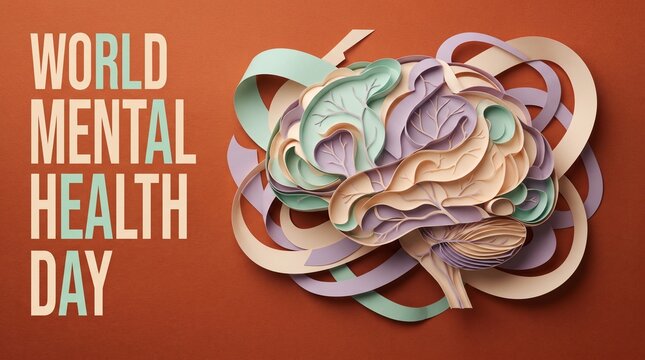 World Mental Health Day concept, paper cut style human brain illustration, conceptual mental wellness art on terracotta background