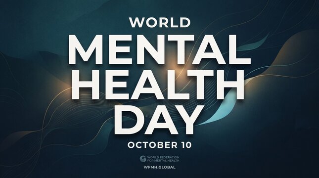 World Mental Health Day typography on dark background, October 10 awareness campaign banner, mental health wellness concept with abstract waves