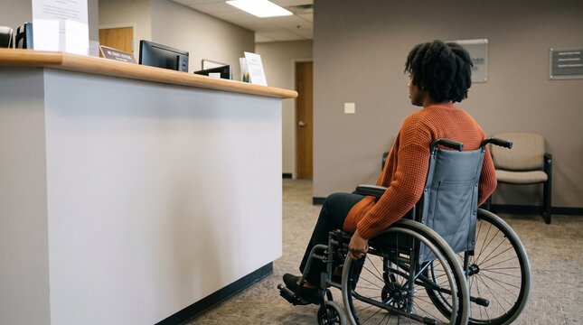 Wheelchair user pauses at an overly high reception counter