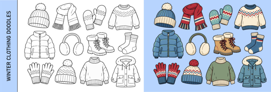 Cozy winter clothing vector set with hats, scarves, mittens, boots and warm outerwear