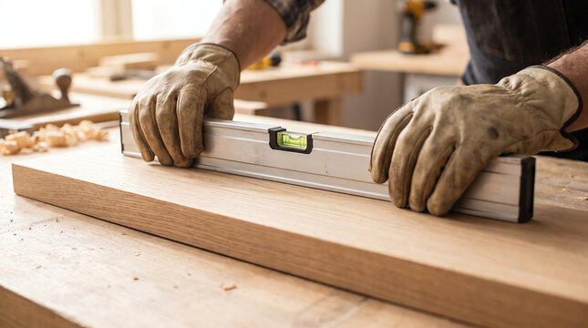 Close up of carpenter hands wearing protective gloves checking wooden plank level with spirit level tool in workshop