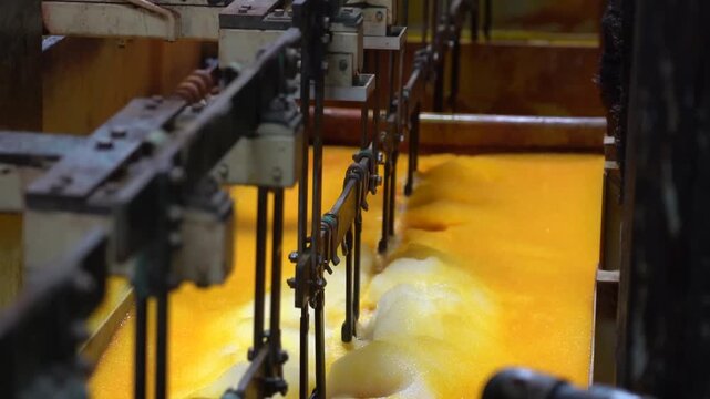 Hanging metal shower parts move over yellow foaming chemical bath on automated electroplating line