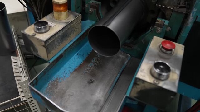 Forming machine ejects freshly rolled steel tube for fire extinguisher body onto blue chute, amber warning light glowing