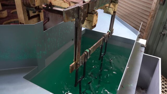 Rack of shiny chrome shower head parts dipped into green plating solution tank at bathroom fixture factory