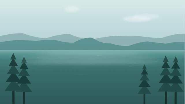 Peaceful flat design nature scenery featuring layered mountains and evergreen forest by a serene mountain lake