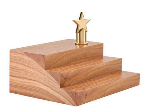Wooden trophy base with three steps and a golden star award on top, isolated on transparent background