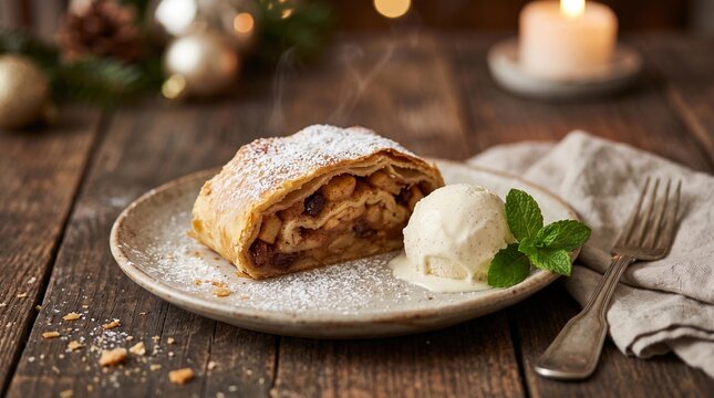 Sliced apple strudel dusted with powdered sugar and served with vanilla ice cream and mint on a rustic wooden table, dessert food photography