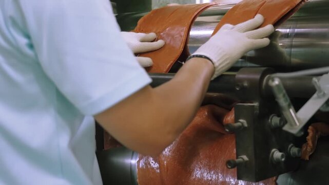 Worker in cotton gloves feeding and folding an orange rubber sheet on a two-roll mixing mill in a rubber band factory