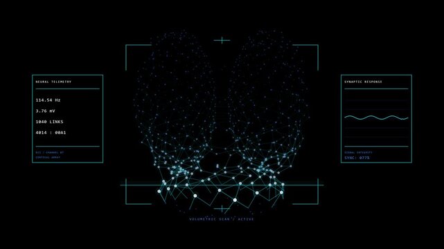 A premium 3D motion graphic featuring a digital conceptual model of a human brain plexus. Glowing neuronal nodes rotate within a high-tech Brain-Computer Interface (BCI). 