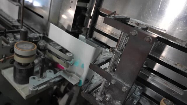 Stainless steel bookbinding machine feeding white paper blocks through rollers in Japanese notebook production line