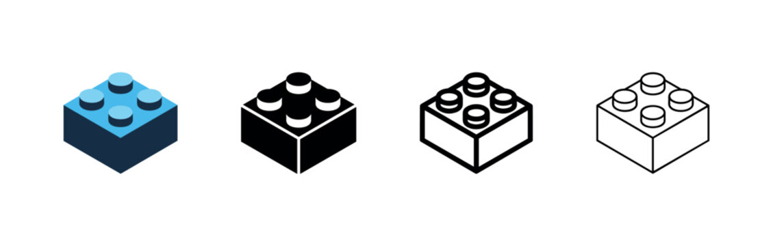 Toy building block or Lego brick icon set in flat, glyph, black line, and outline style