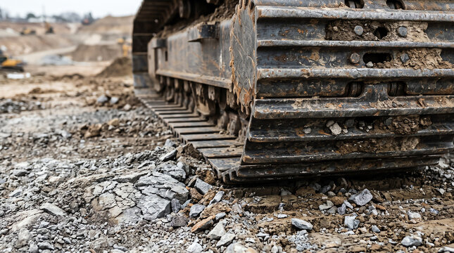 Close up detail of heavy excavator steel crawler track on rocky muddy ground at outdoor construction site, showing industrial machinery power and strength concept