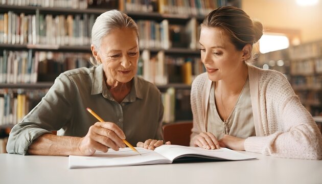 Hombre mayor y mujer estudiando juntos con libros en una biblioteca