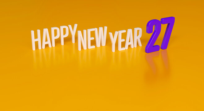 3D Happy New Year 27 White and Purple Text on Yellow Background