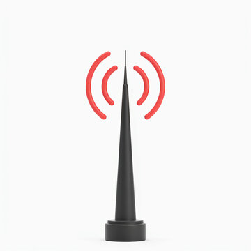 A 3D render icon of a tall black communication tower or antenna featuring curved red signal waves radiating outward, isolated on a clean white background for wireless and telecommunication c
