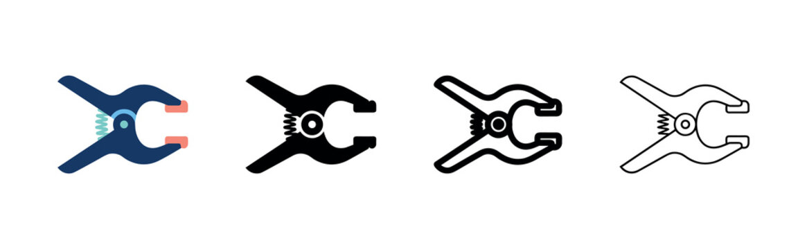 Spring clamp icon set. Woodworking grip tool symbol. Equipment for holding, securing, or fixing materials.