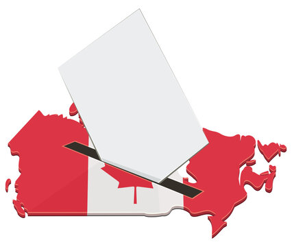 3D illustration symbolizing Canadian democratic elections, voting rights, political referendum, and civic choice with a ballot paper on the flag map of Canada (cut out)