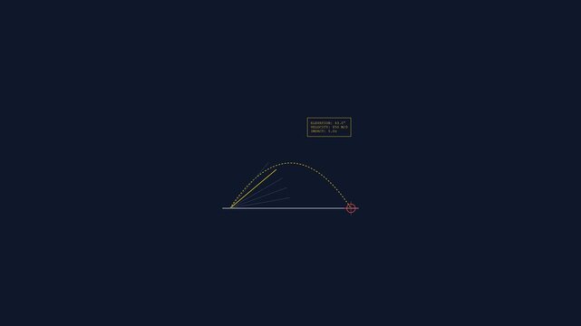 Physics trajectory calculation animation showing parabolic arc mechanics with data telemetry and vector graphics motion footage