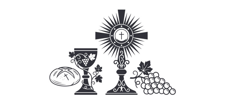 Christian communion symbols with religious iconography. Sacred Catholic liturgical elements isolated on transparent background. Chalice, Host, Grape cluster, Monstrance, Cross. Vector illustration.