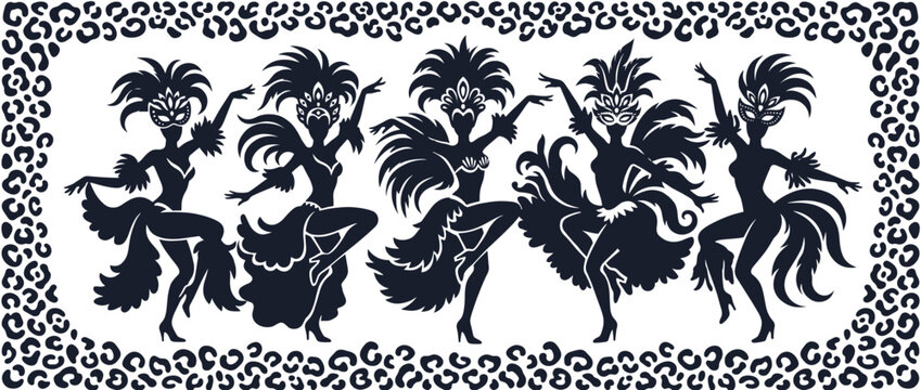 Silhouette dancers holding feathered headdresses on patterned border. Ethnic folk dancers with traditional feathered headpieces. Vector illustration.