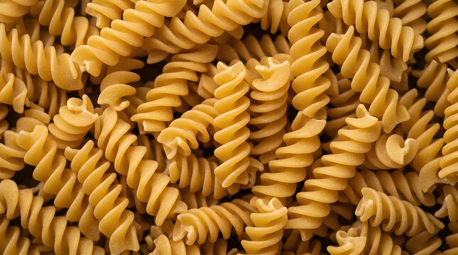 A top view macro photo of uncooked dry fusilli pasta spirals packed closely together displaying golden wheat texture and pattern.