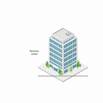 An isometric 3D vector illustration of a modern multi-story business center office building with glass windows, rooftop AC units, and surrounding green trees on a square base against a white