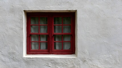 Fototapeta premium A red framed window set in a textured white wall showing a classic architectural detail with visible weathering