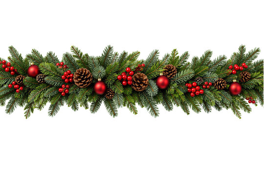 Christmas fir tree garland border isolated on white transparent background, festive pine branches with red balls, PNG