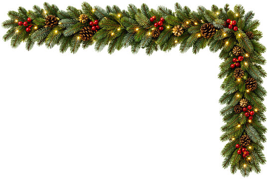 Christmas fir tree corner garland with lights isolated on white transparent background, festive pine branches, PNG