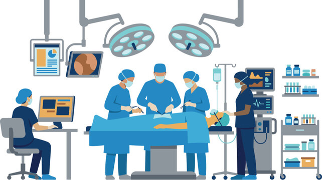 Medical surgical operation in hospital room with team of doctors.