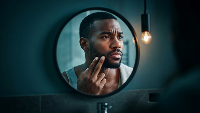 Worried African American man with beard examining his skin in round bathroom mirror while touching his cheek during moody evening skincare and grooming routine