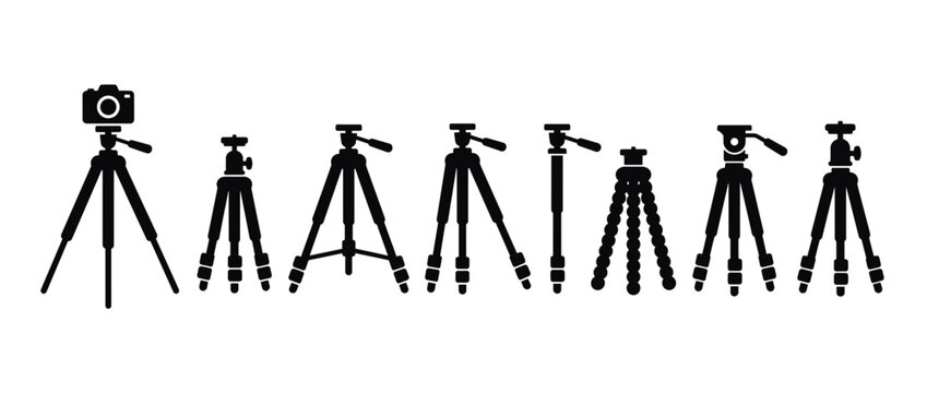 Camera tripods with different head types. Photography equipment with adjustable legs. Mini, mid, full-size tripods. Vector illustration.