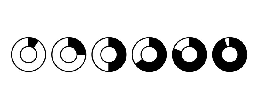 Circular progress icons with black and white segments. Minimalist progress indicators. Circle, half-circle, quarter-circle, segmented. Vector illustration.
