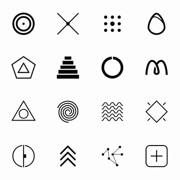 A clean set of minimalist vector outline and solid icons depicting abstract geometric shapes, symbols, and UI elements isolated on a solid white background