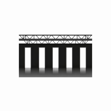 A clean minimalist vector graphic icon of a truss bridge structure featuring repeating vertical pillars and geometric overhead framework isolated on a solid white background