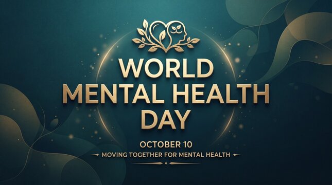 Elegant World Mental Health Day banner, dark teal background with gold typography, heart and leaves logo, award-winning corporate design.